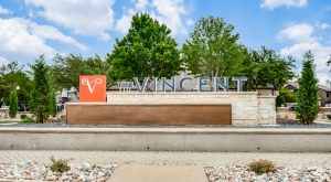 the sign for the new apartment complex in the city at The  Vincent