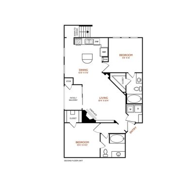 The Vincent Floor Plan 2 Bedroom 2 Bath GR 2 Bed 2 Bath 1077 sqft