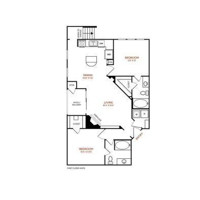 The Vincent Floor Plan 2 Bedroom 2 Bath GR 2 Bed 2 Bath 1073 sqft