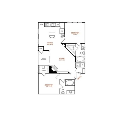 The Vincent Floor Plan 2 Bedroom 2 Bath 2 Bed 2 Bath 1057 sqft